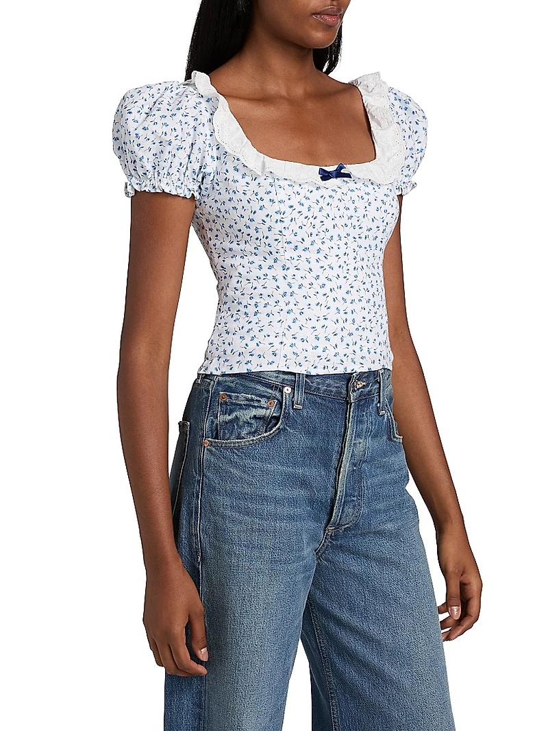 Alice Floral Puff-Sleeve Linen Top