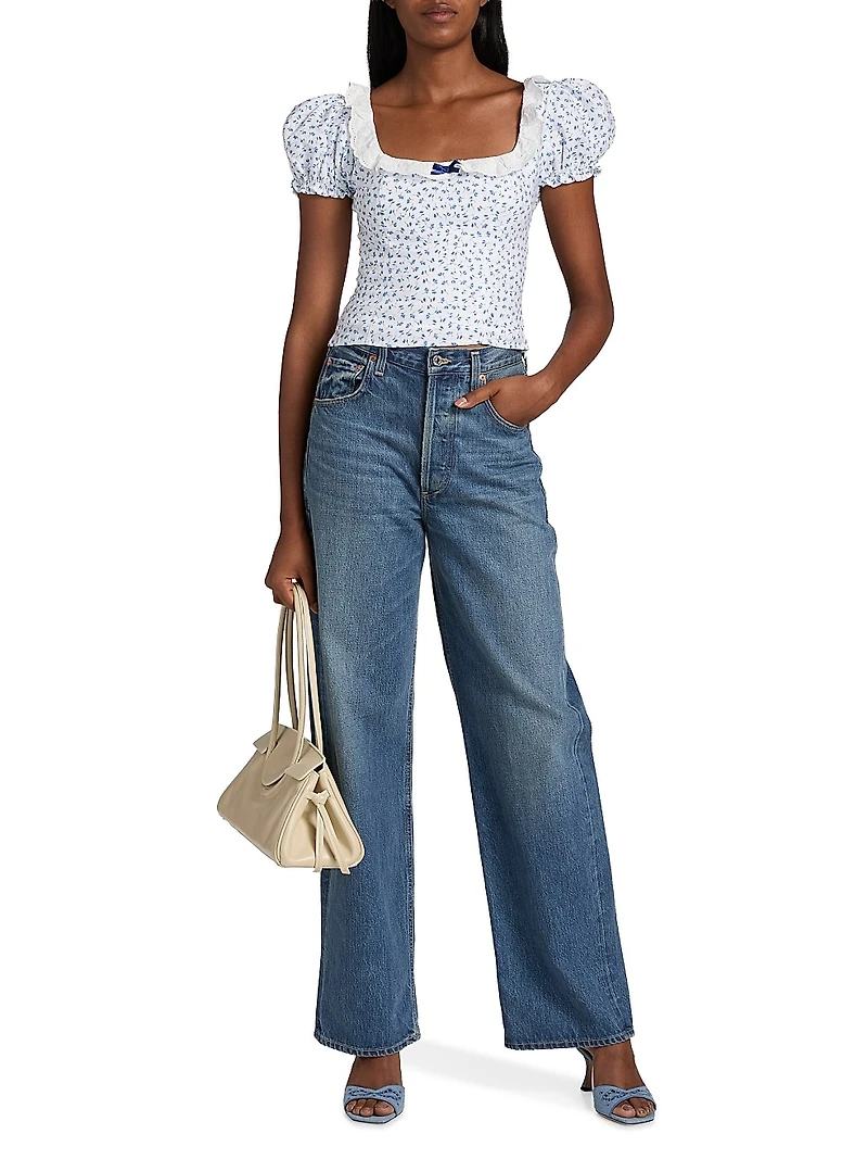 Alice Floral Puff-Sleeve Linen Top