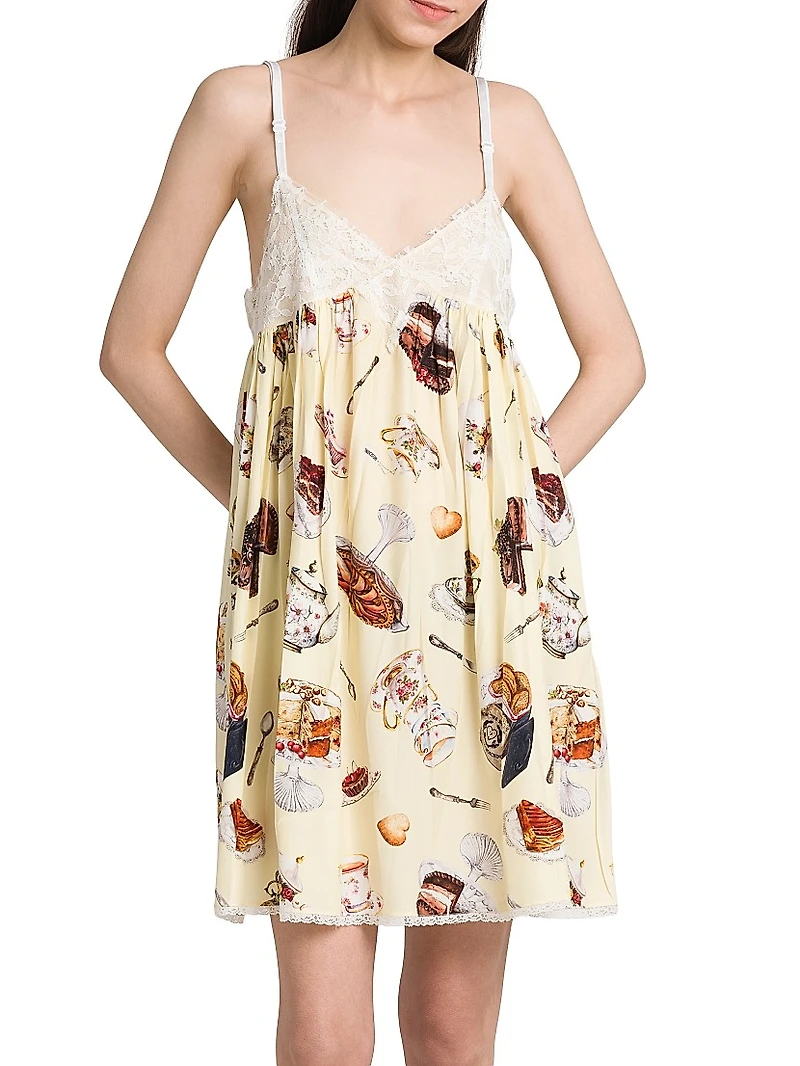 High Tea Print Lace Silk Minidress