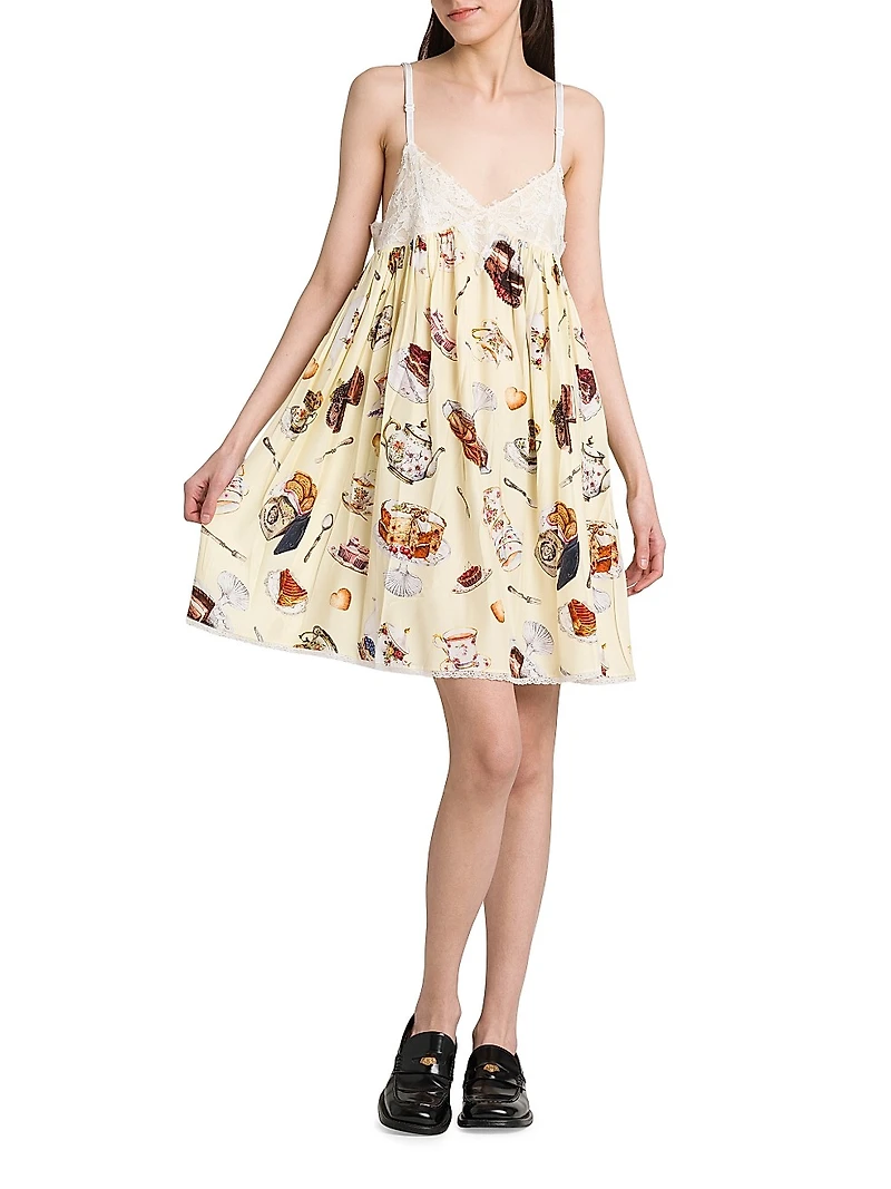 High Tea Print Lace Silk Minidress