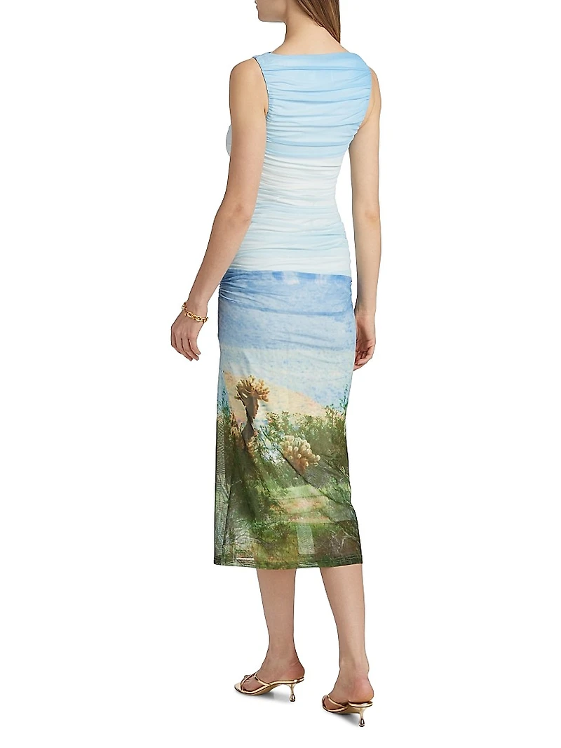 Saria Printed Ruched Midi-Dress