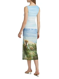 Saria Printed Ruched Midi-Dress