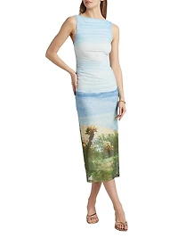 Saria Printed Ruched Midi-Dress