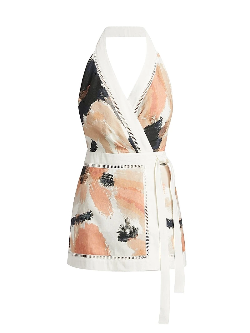 Izzy Floral Linen-Blend Halterneck Wrap Minidress