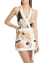 Izzy Floral Linen-Blend Halterneck Wrap Minidress