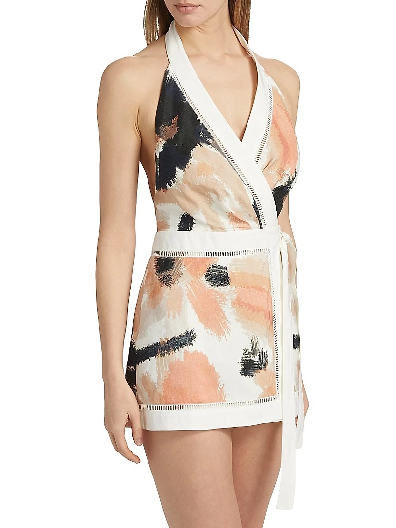Izzy Floral Linen-Blend Halterneck Wrap Minidress