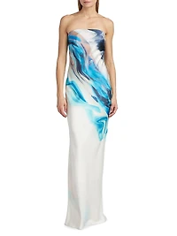 Nessa Tie-Dye Satin Strapless Midi-Dress
