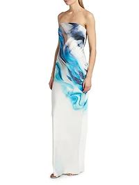Nessa Tie-Dye Satin Strapless Midi-Dress
