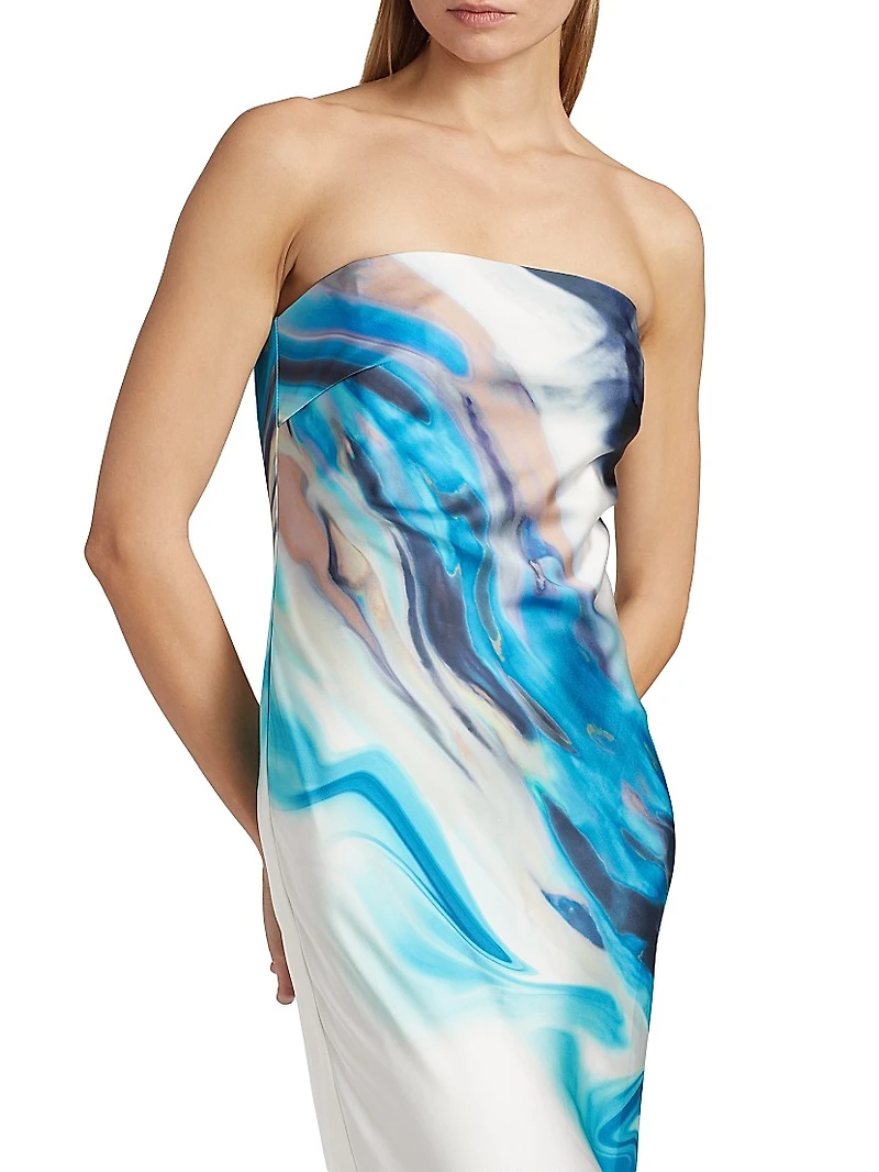 Nessa Tie-Dye Satin Strapless Midi-Dress