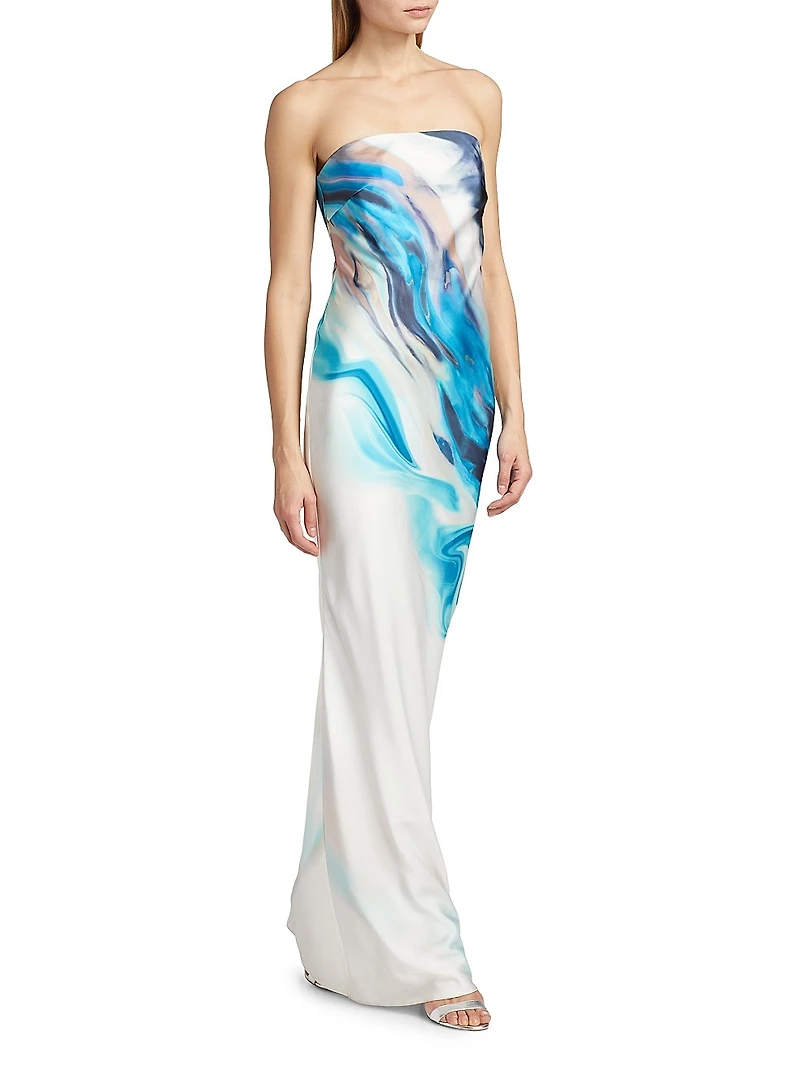 Nessa Tie-Dye Satin Strapless Midi-Dress