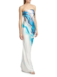 Nessa Tie-Dye Satin Strapless Midi-Dress