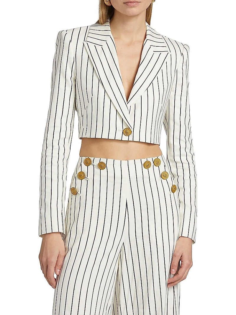 Izzie Striped Linen-Blend Crop Blazer