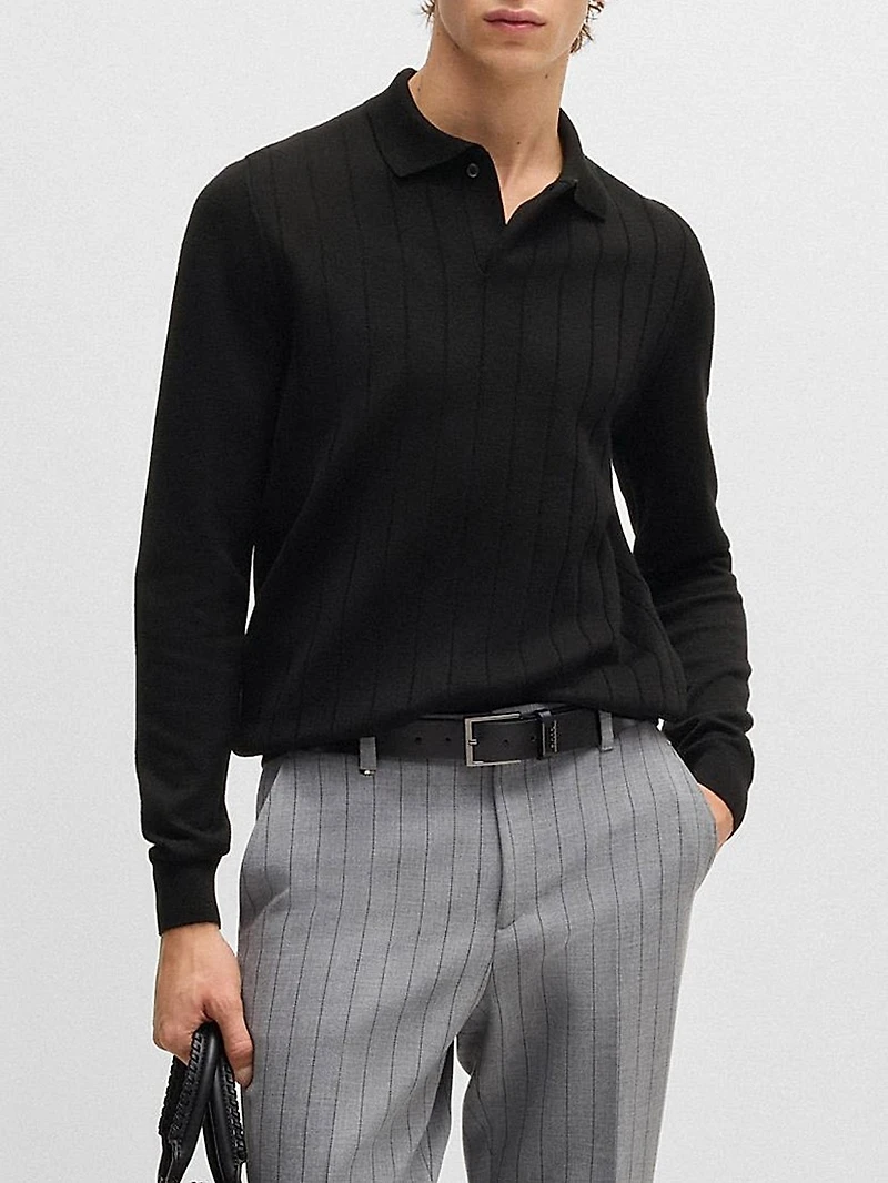 Wool Polo Sweater with Knitted Stripes
