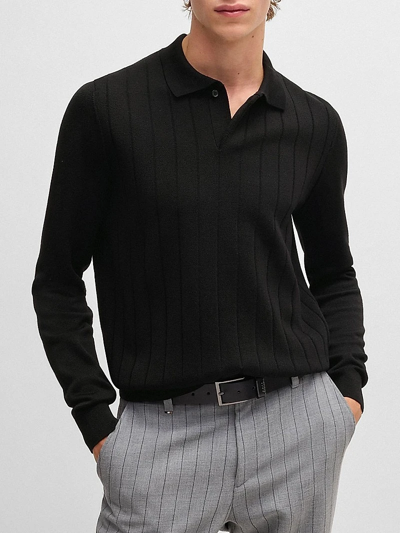 Wool Polo Sweater with Knitted Stripes