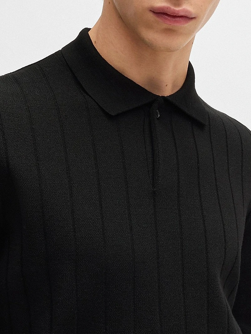 Wool Polo Sweater with Knitted Stripes