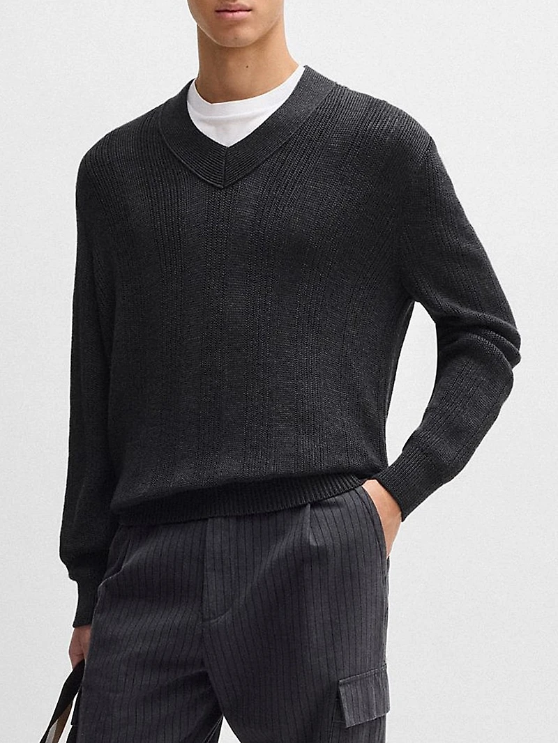 Mixed-Structure V-Neck Sweater Wool