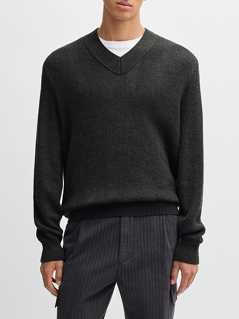 Mixed-Structure V-Neck Sweater Wool