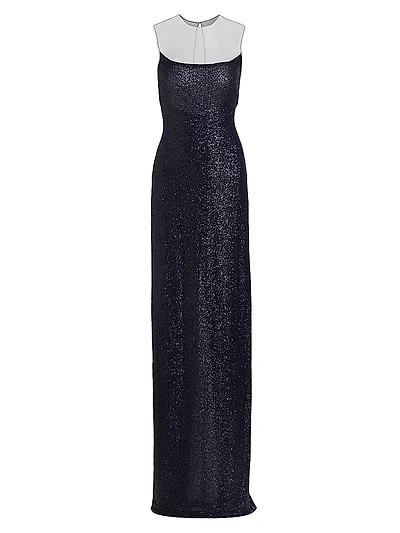 Stretch-Sequin Illusion Neckline Column Gown