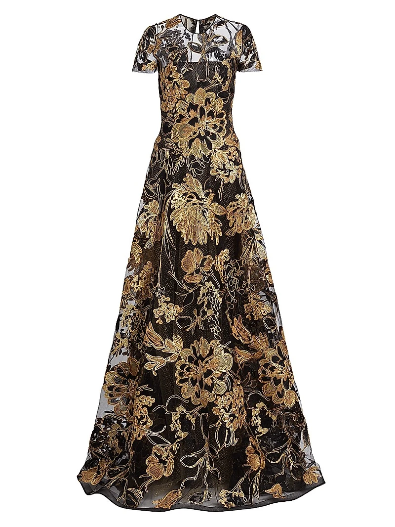 Metallic Raffia Short-Sleeve A-Line Gown