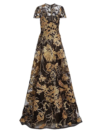 Metallic Raffia Short-Sleeve A-Line Gown