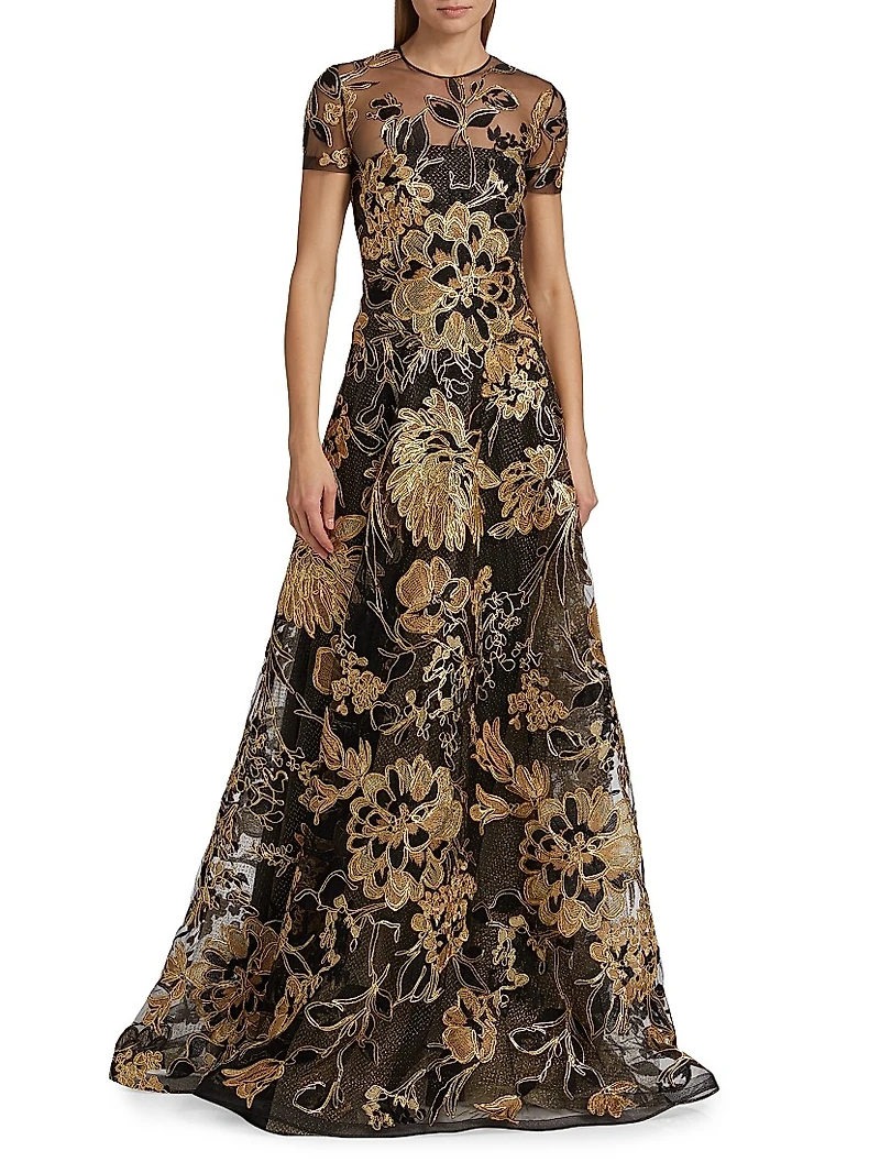 Metallic Raffia Short-Sleeve A-Line Gown