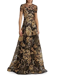 Metallic Raffia Short-Sleeve A-Line Gown