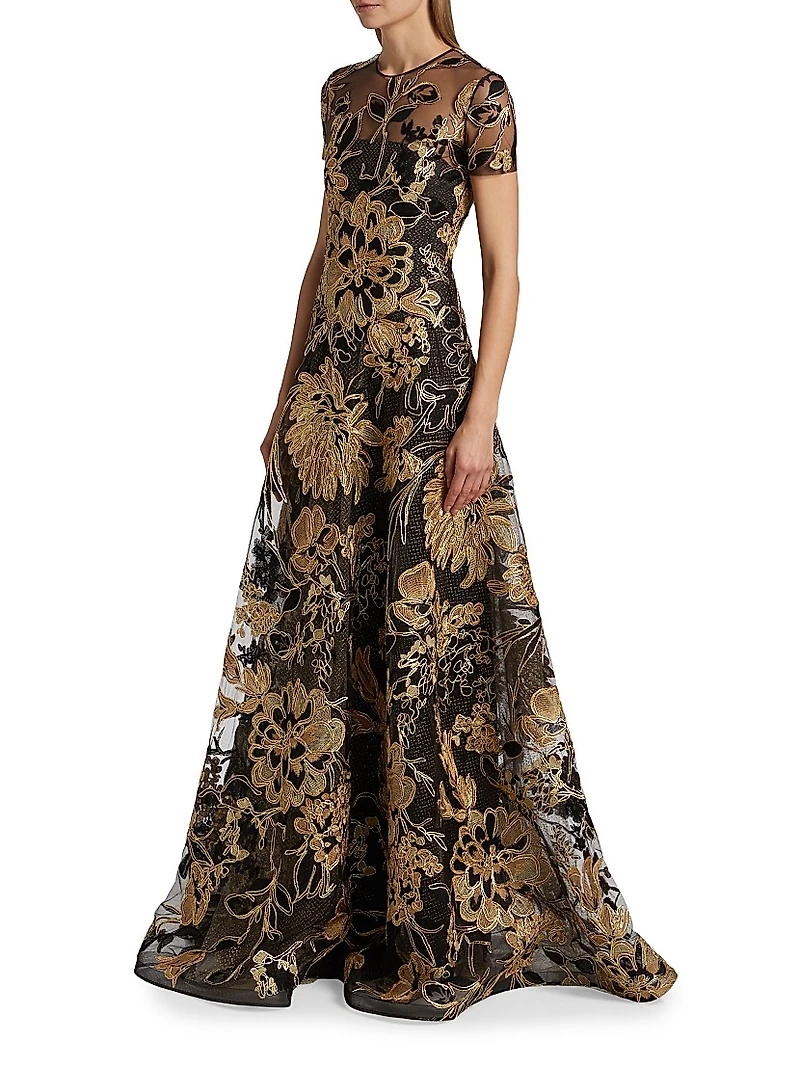 Metallic Raffia Short-Sleeve A-Line Gown