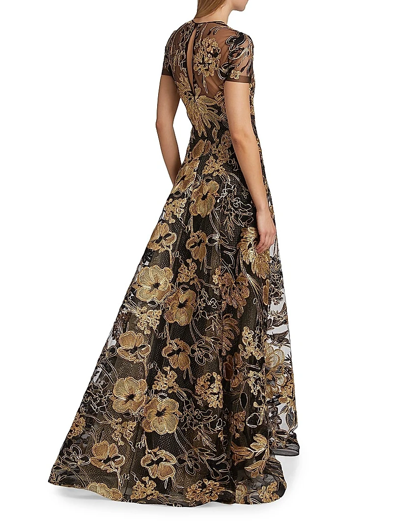 Metallic Raffia Short-Sleeve A-Line Gown