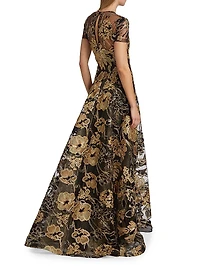 Metallic Raffia Short-Sleeve A-Line Gown
