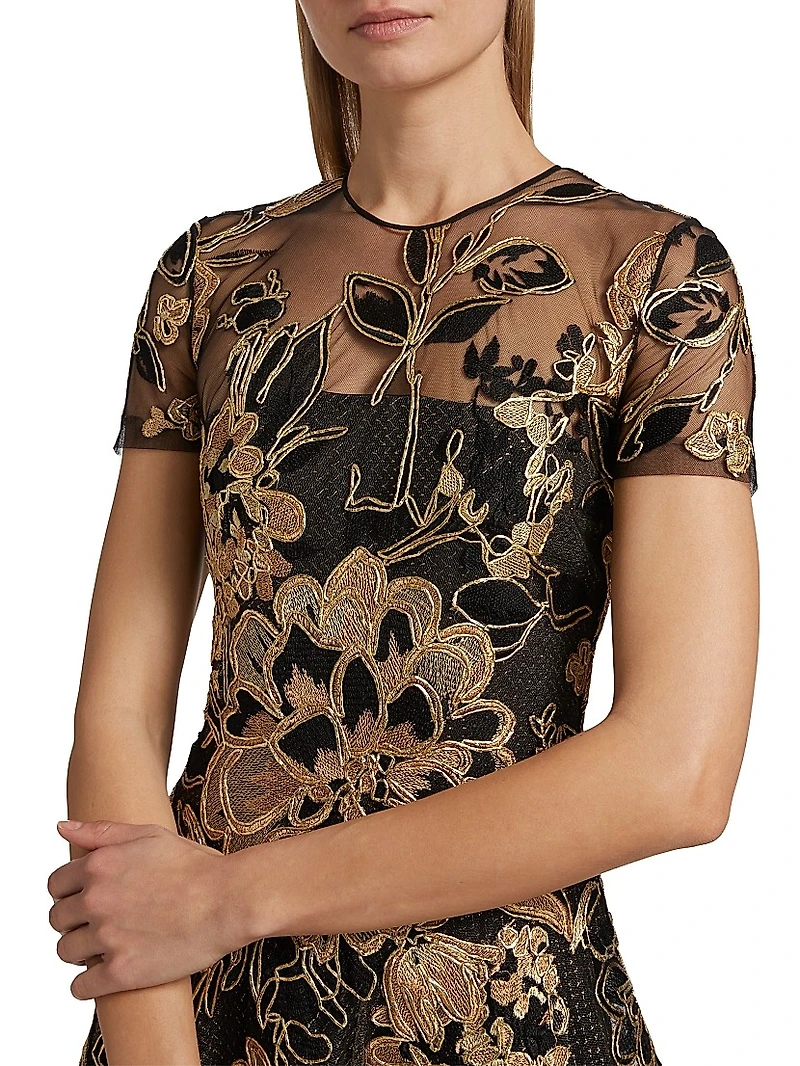 Metallic Raffia Short-Sleeve A-Line Gown