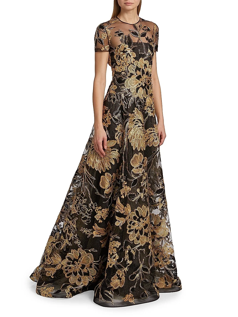 Metallic Raffia Short-Sleeve A-Line Gown