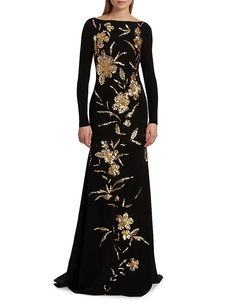 Embroidered Boatneck Gown