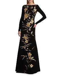 Embroidered Boatneck Gown