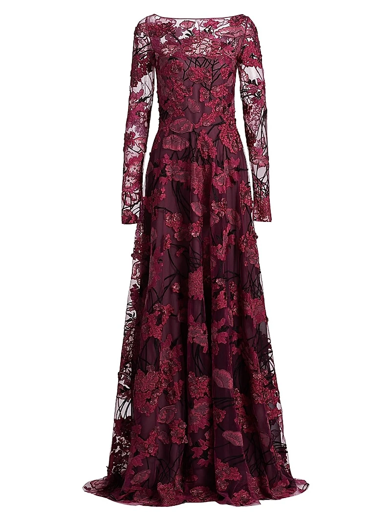 Embroidered Mesh Long-Sleeve Gown