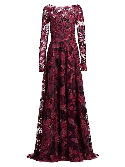 Embroidered Mesh Long-Sleeve Gown