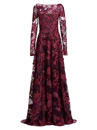 Embroidered Mesh Long-Sleeve Gown