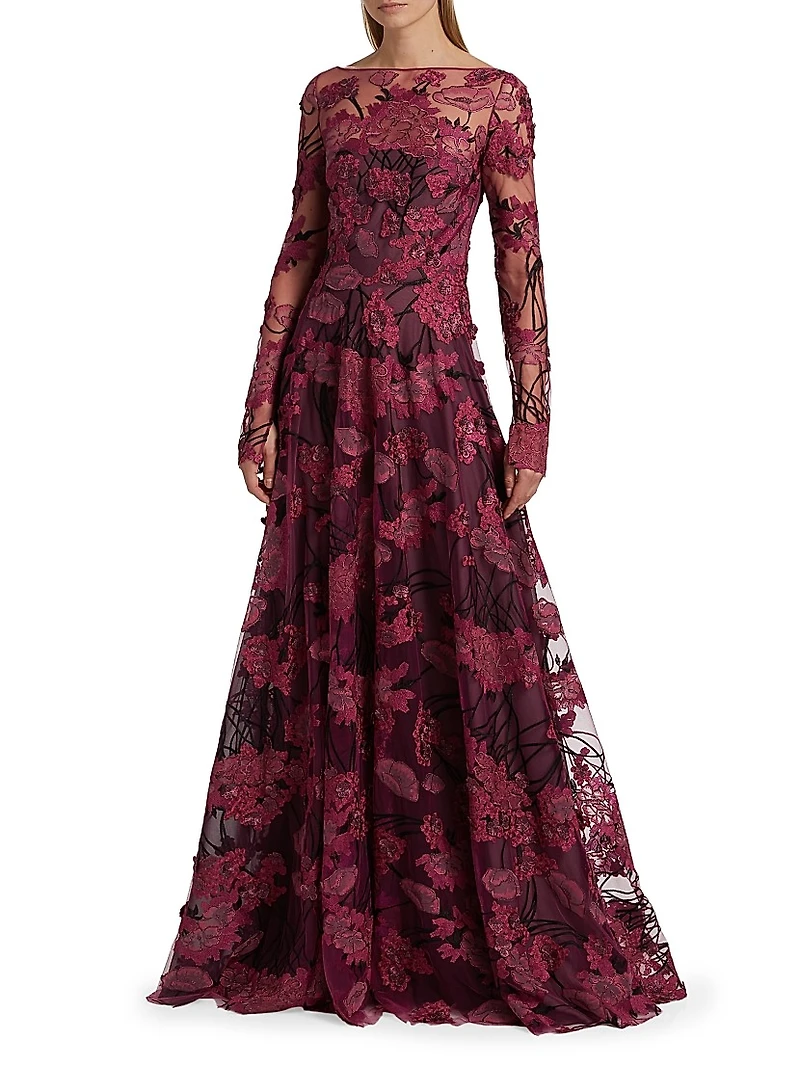 Embroidered Mesh Long-Sleeve Gown