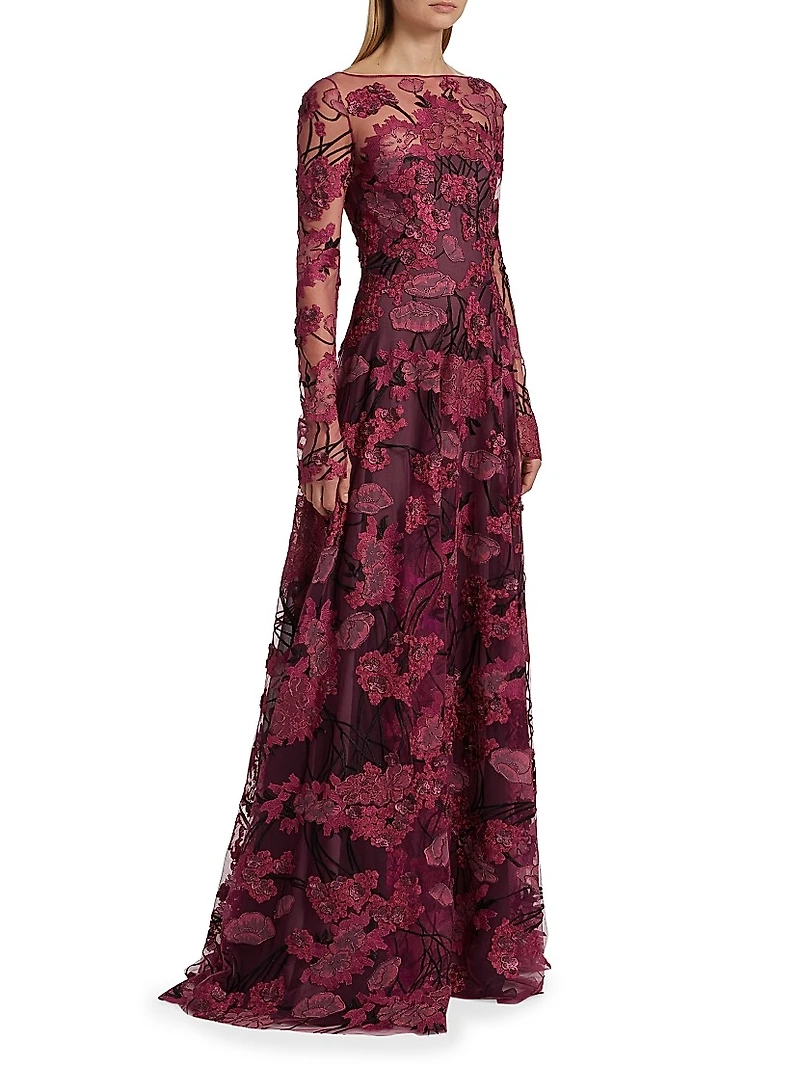 Embroidered Mesh Long-Sleeve Gown