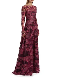 Embroidered Mesh Long-Sleeve Gown