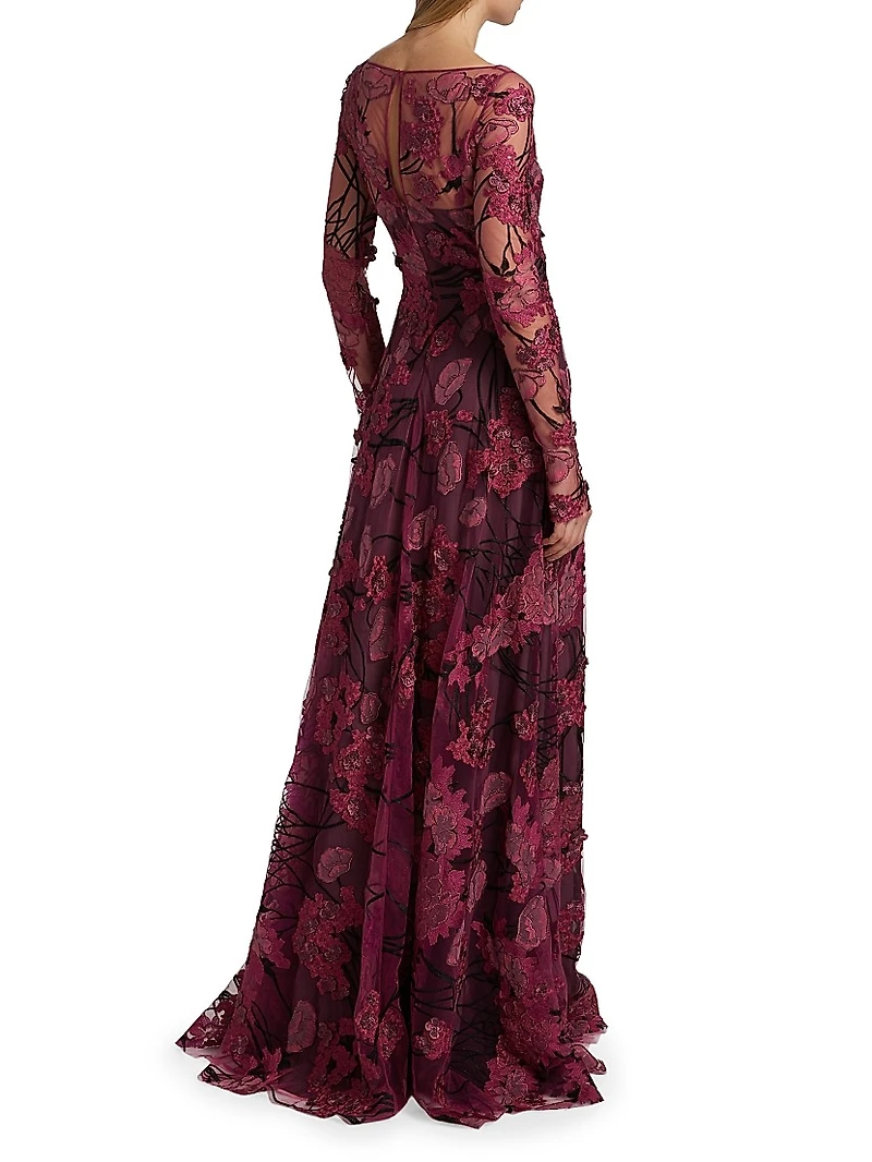 Embroidered Mesh Long-Sleeve Gown