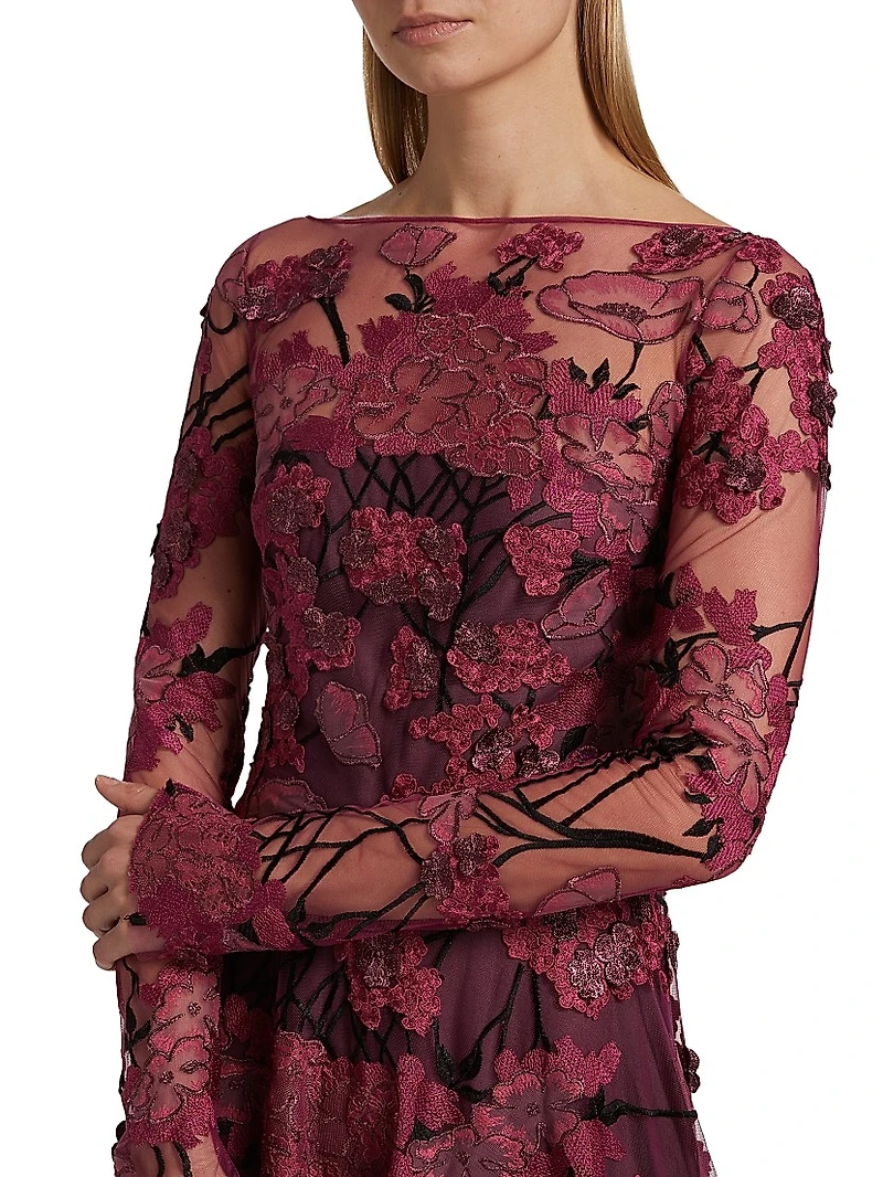 Embroidered Mesh Long-Sleeve Gown