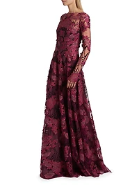Embroidered Mesh Long-Sleeve Gown