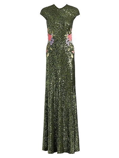 Sequined Floral-Embroidered A-Line Gown