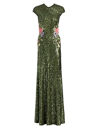 Sequined Floral-Embroidered A-Line Gown