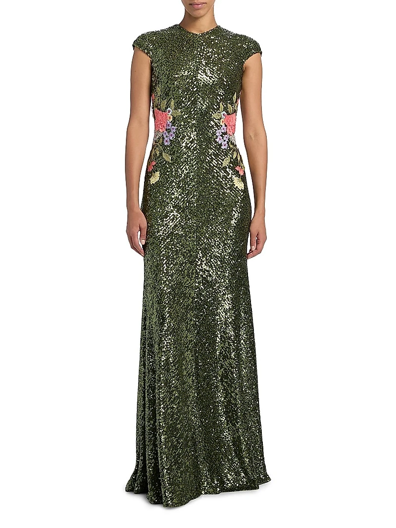 Sequined Floral-Embroidered A-Line Gown