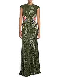 Sequined Floral-Embroidered A-Line Gown
