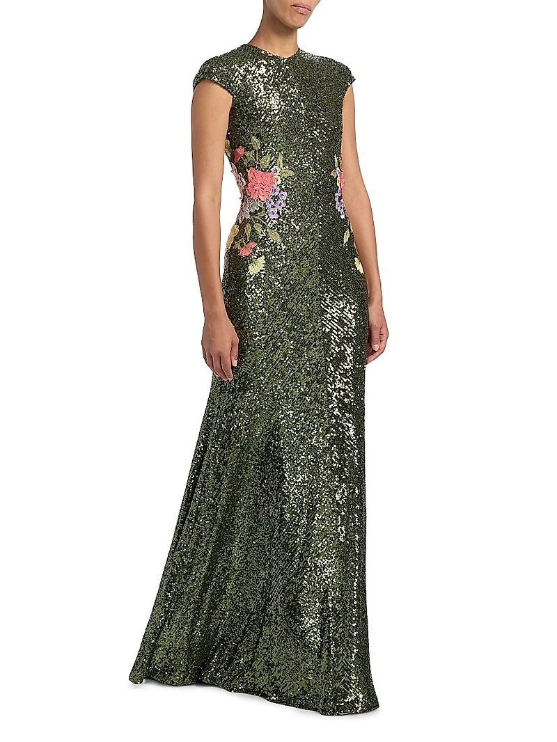 Sequined Floral-Embroidered A-Line Gown