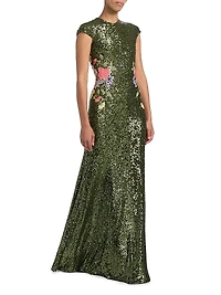 Sequined Floral-Embroidered A-Line Gown