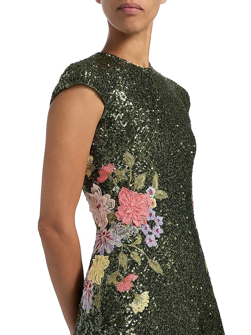 Sequined Floral-Embroidered A-Line Gown