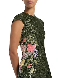 Sequined Floral-Embroidered A-Line Gown